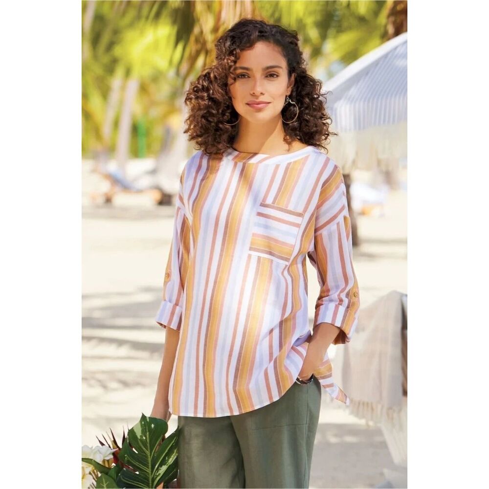 Soft Surroundings Enyo Striped Top Womens Large Roll Tab Sleeve Cotton Tencel
